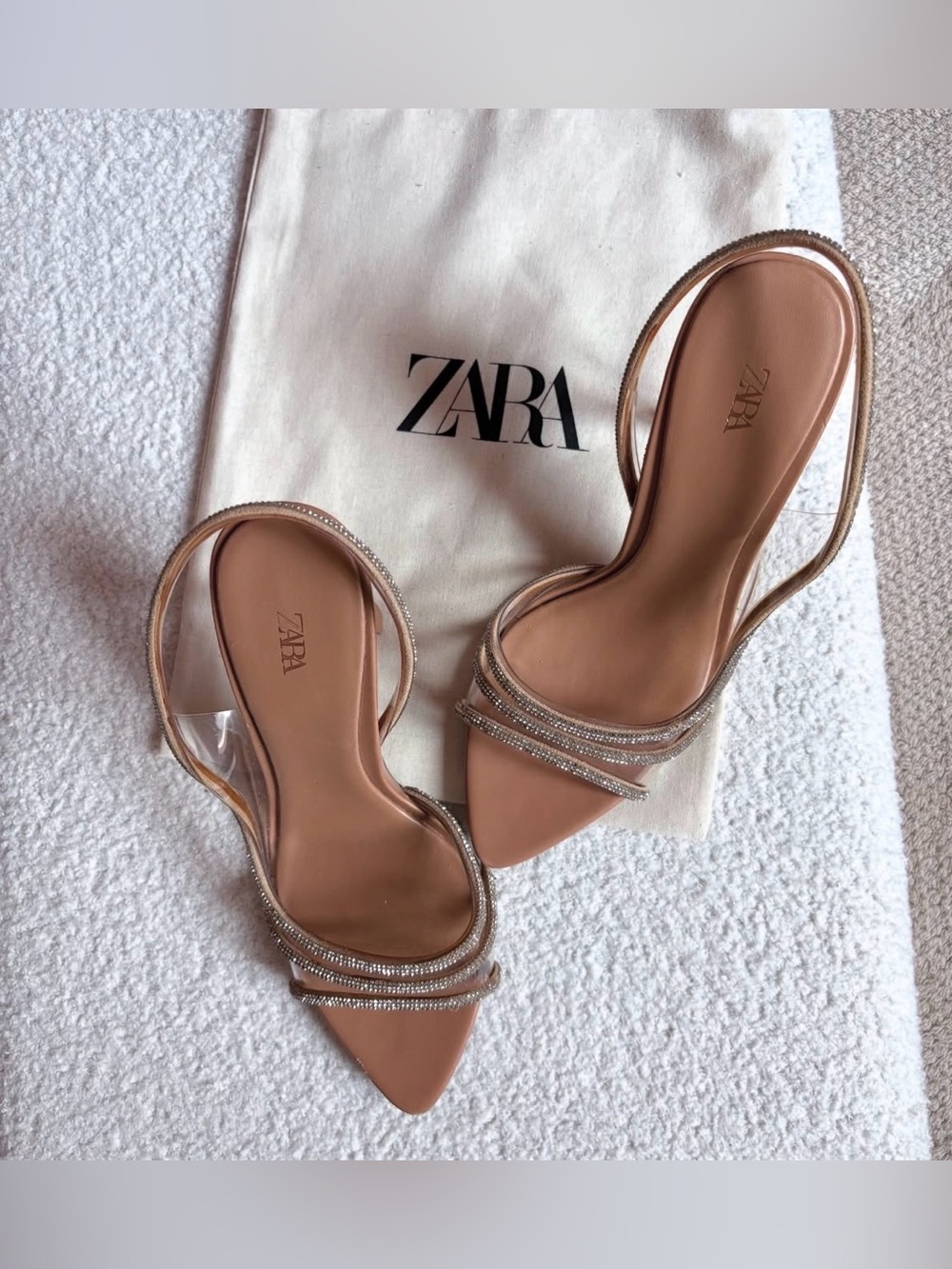 ZARA Tan Crystal-Strap Slingback Heels